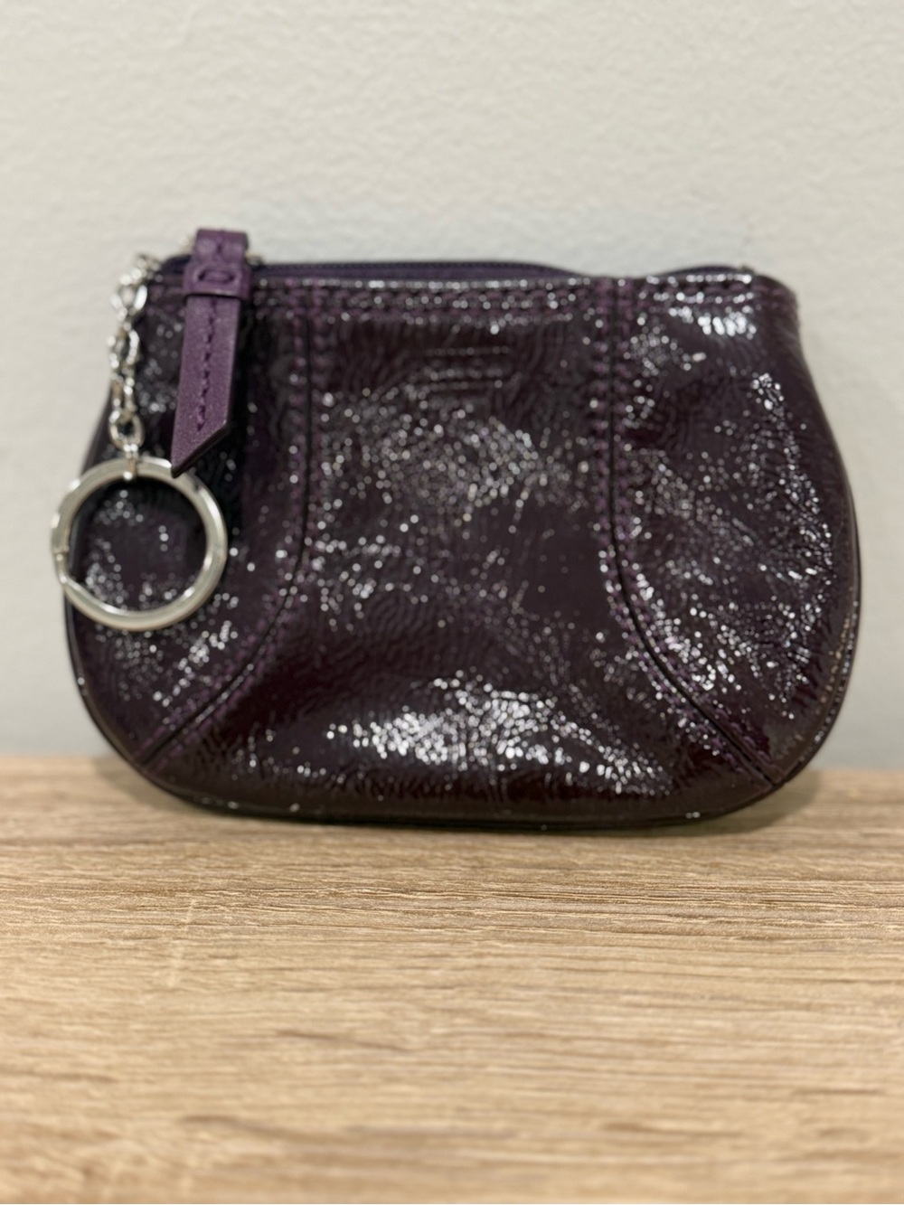 Coach Vintage Patent Leather Mini Coin Purse Keychain Purple Wristlet AS IS